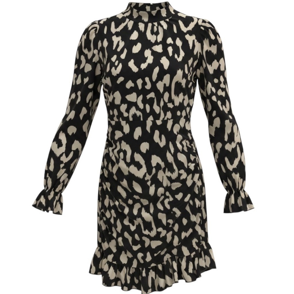 YOZY Women Leopard Print Mock Neck Ruched Ruffle Mini Dress Black Cream Small